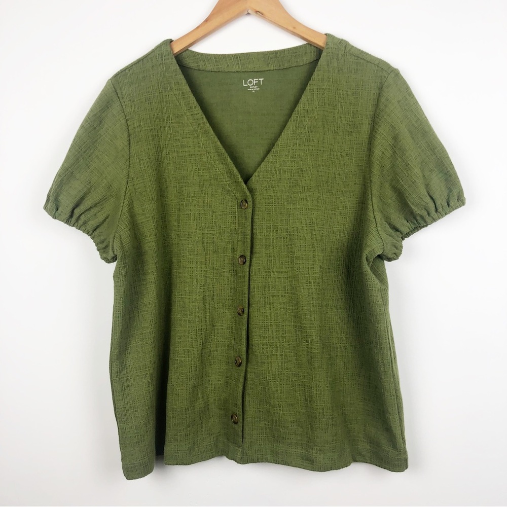 Loft Short Sleeve Button Up Green Blouse Size XL